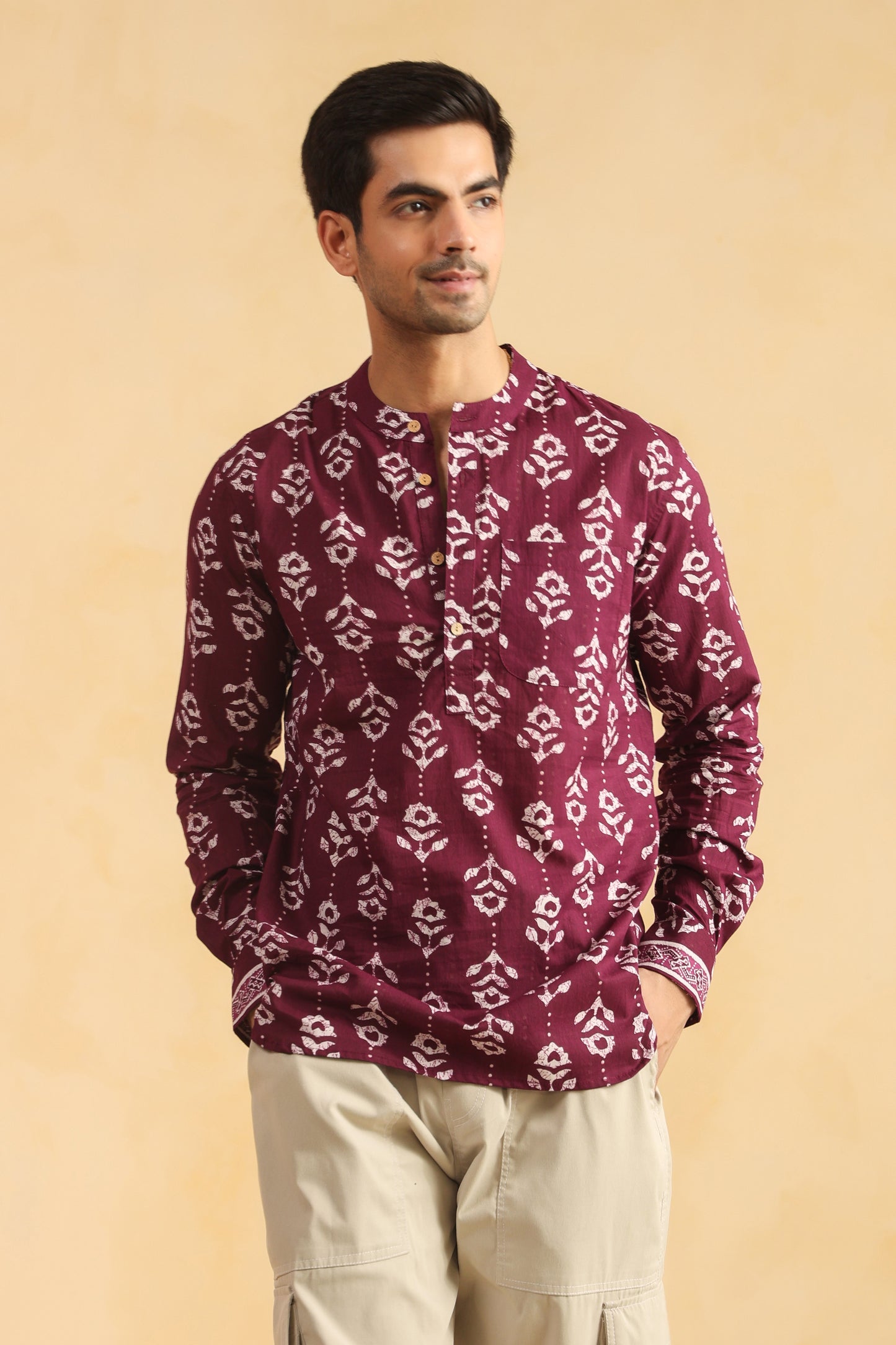 Wine Printed Cotton Shirt Kurta