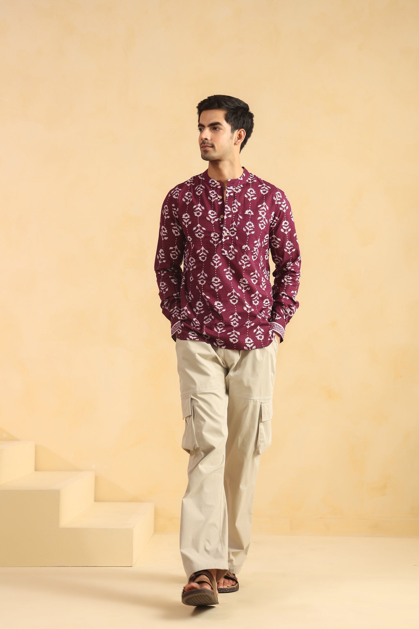Wine Printed Cotton Shirt Kurta