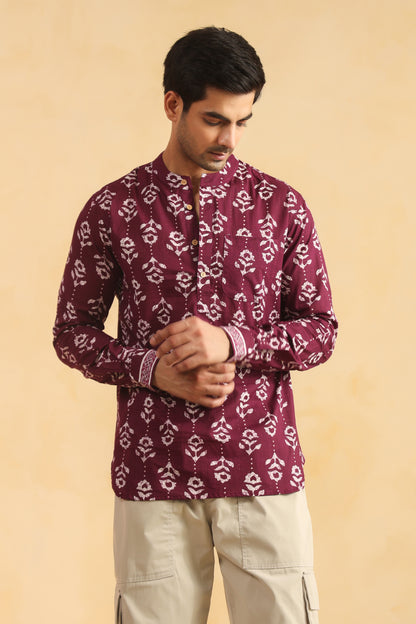 Wine Printed Cotton Shirt Kurta