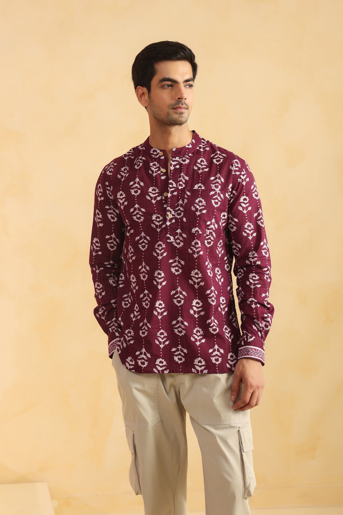Wine Printed Cotton Shirt Kurta