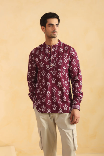 Wine Printed Cotton Shirt Kurta