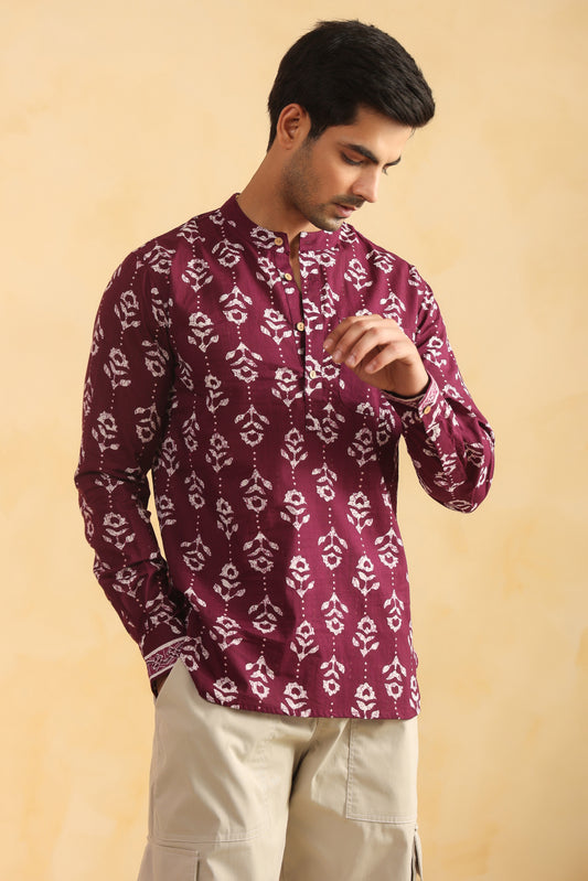 Wine Printed Cotton Shirt Kurta