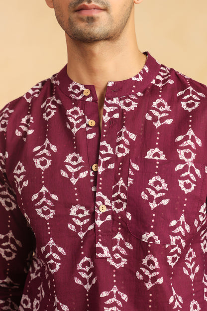 Wine Printed Cotton Shirt Kurta