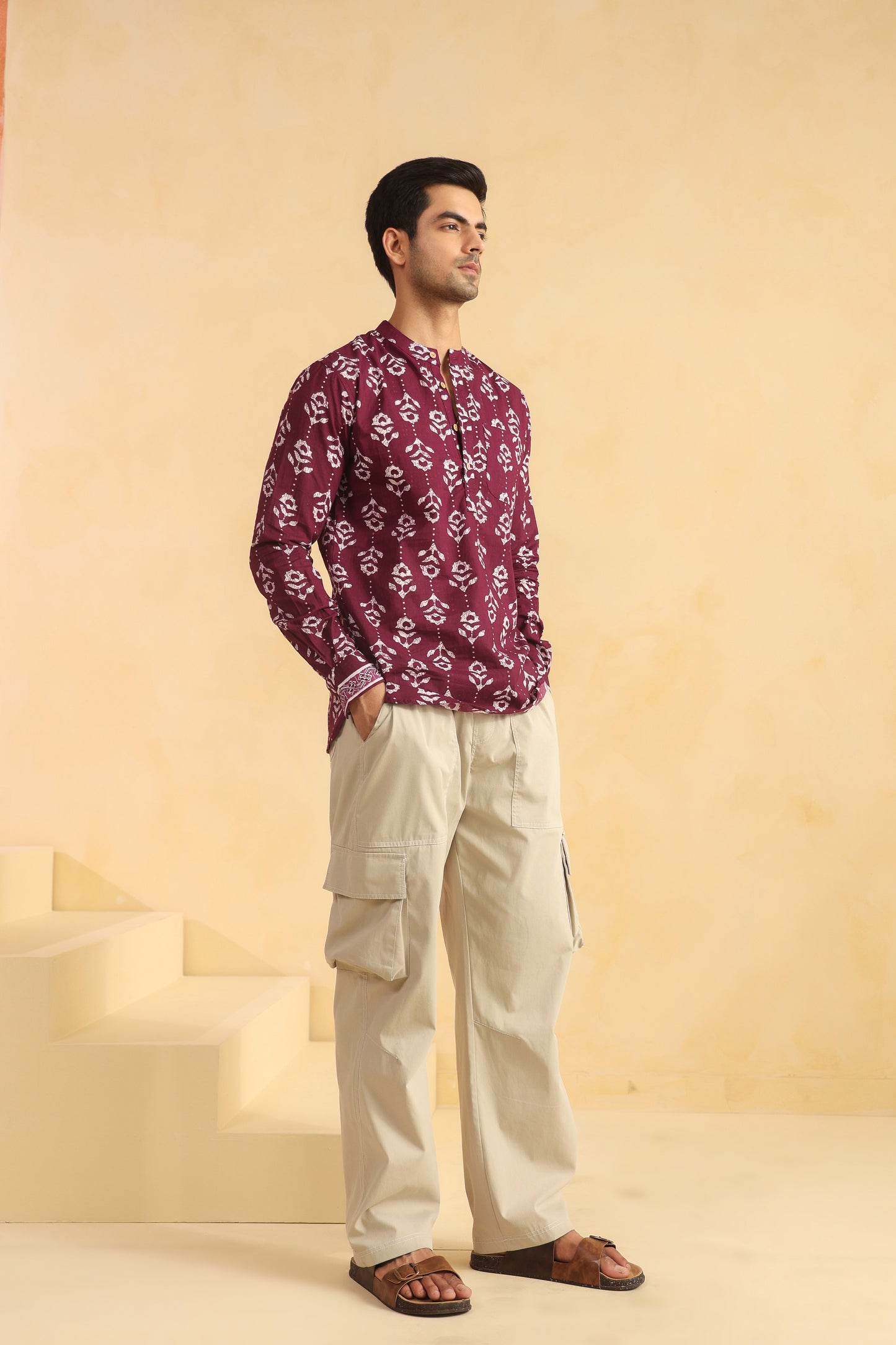 Wine Printed Cotton Shirt Kurta