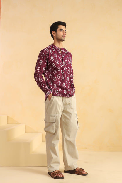 Wine Printed Cotton Shirt Kurta