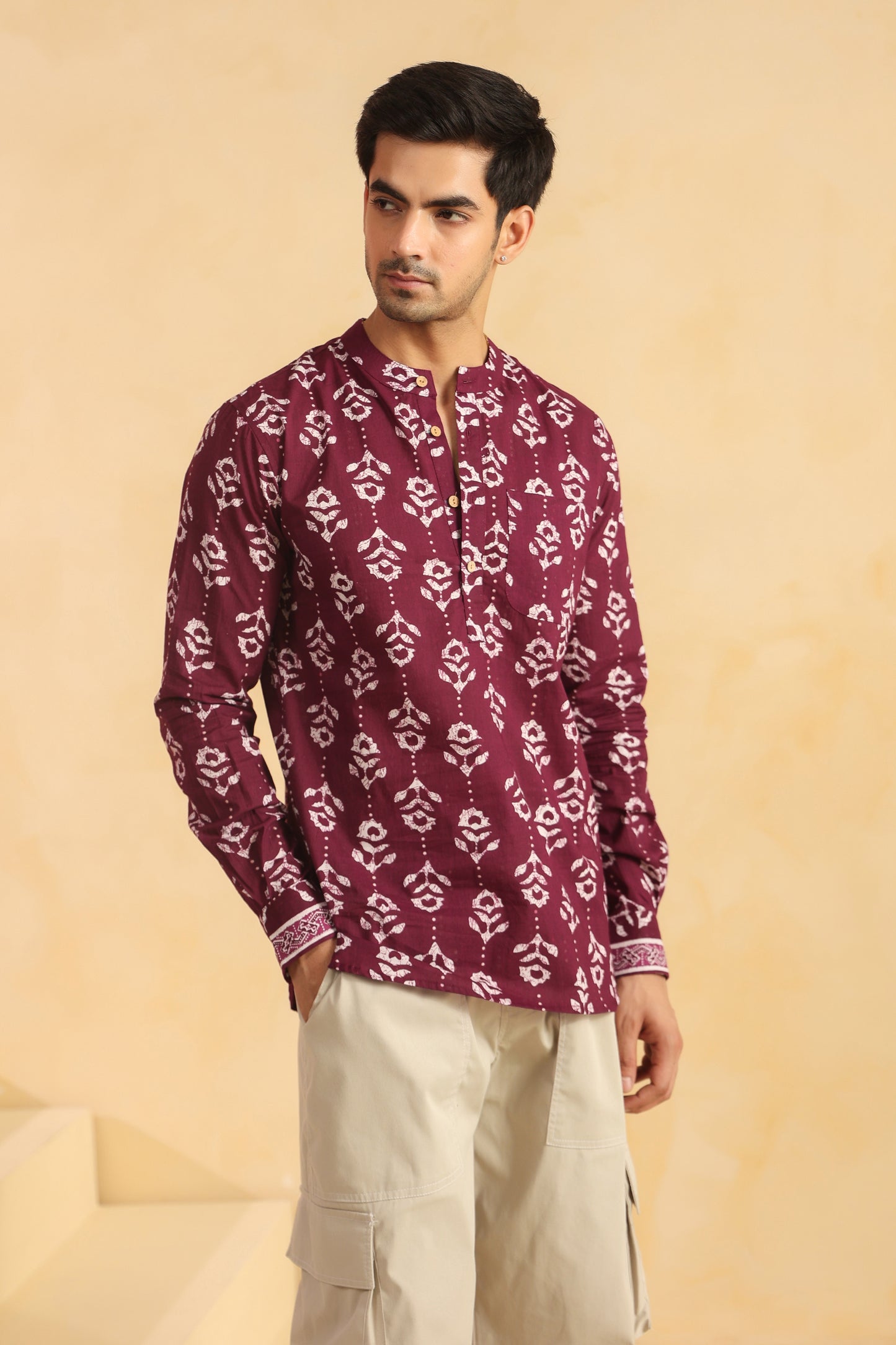 Wine Printed Cotton Shirt Kurta