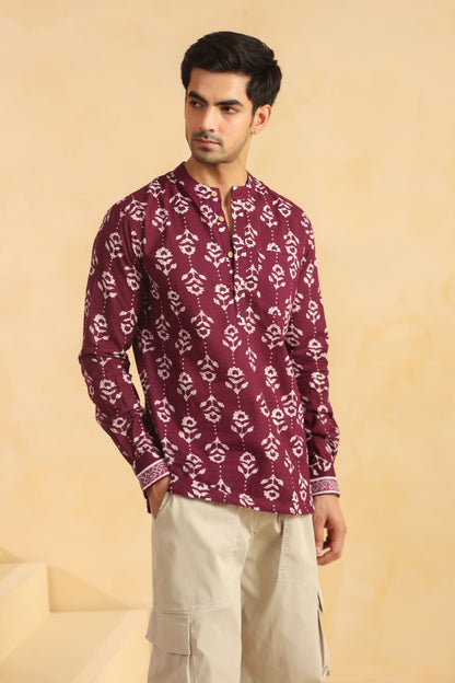 Wine Printed Cotton Shirt Kurta