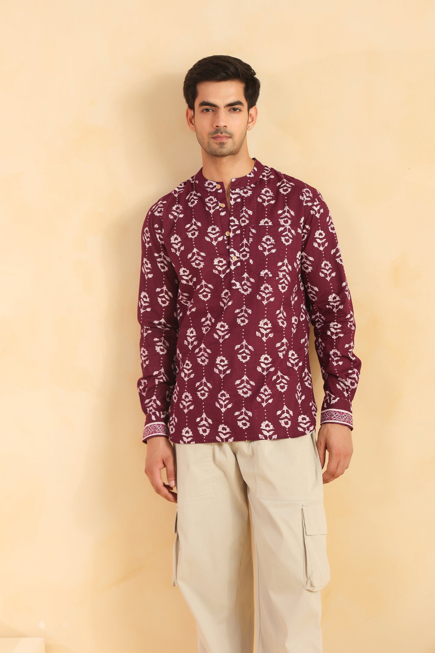 Wine Printed Cotton Shirt Kurta