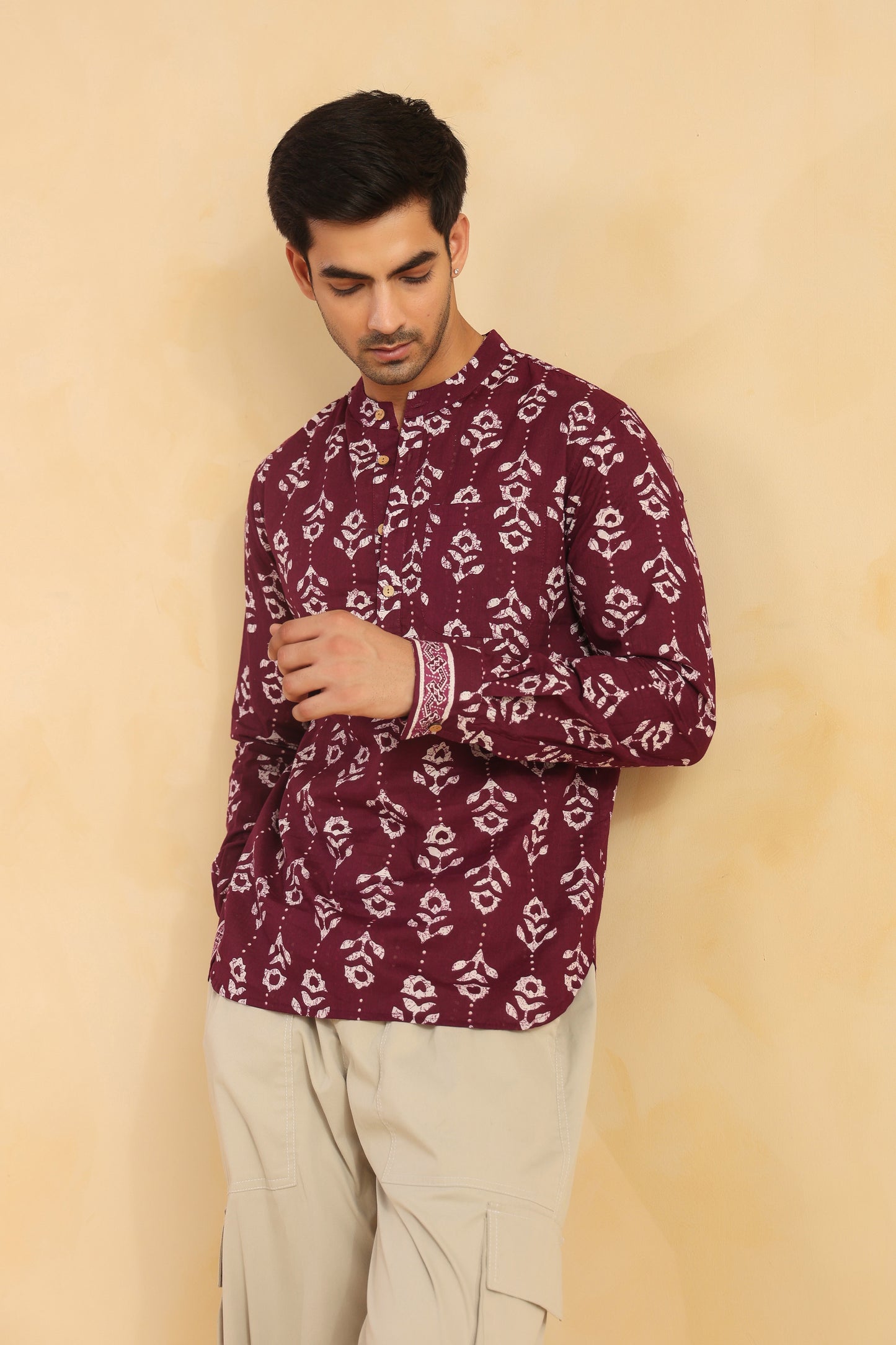 Wine Printed Cotton Shirt Kurta