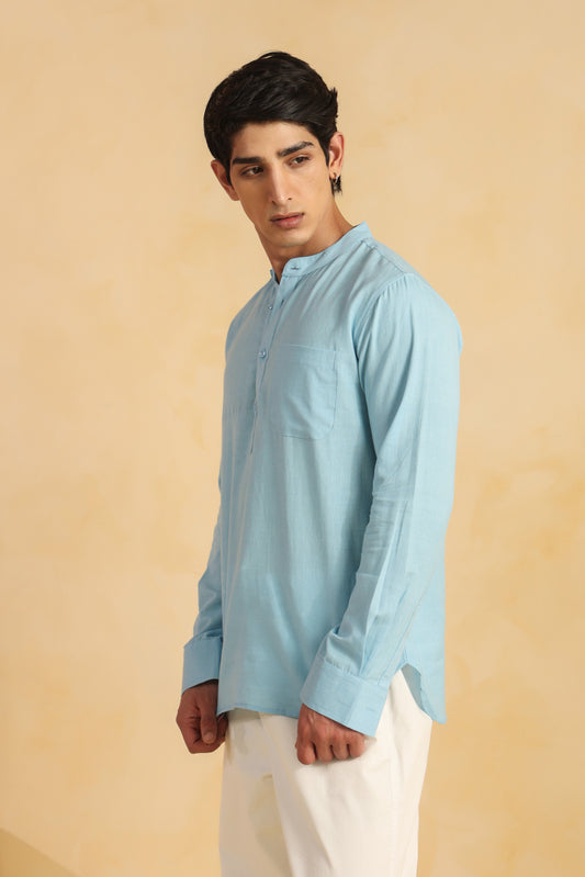 Ice blue linen blend shirt kurta