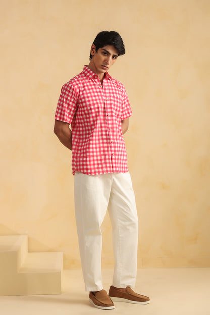 Pink checks half sleeve cotton shirt
