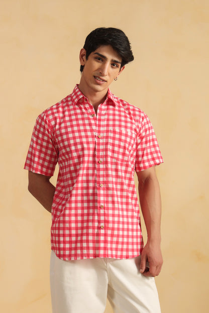 Pink checks half sleeve cotton shirt