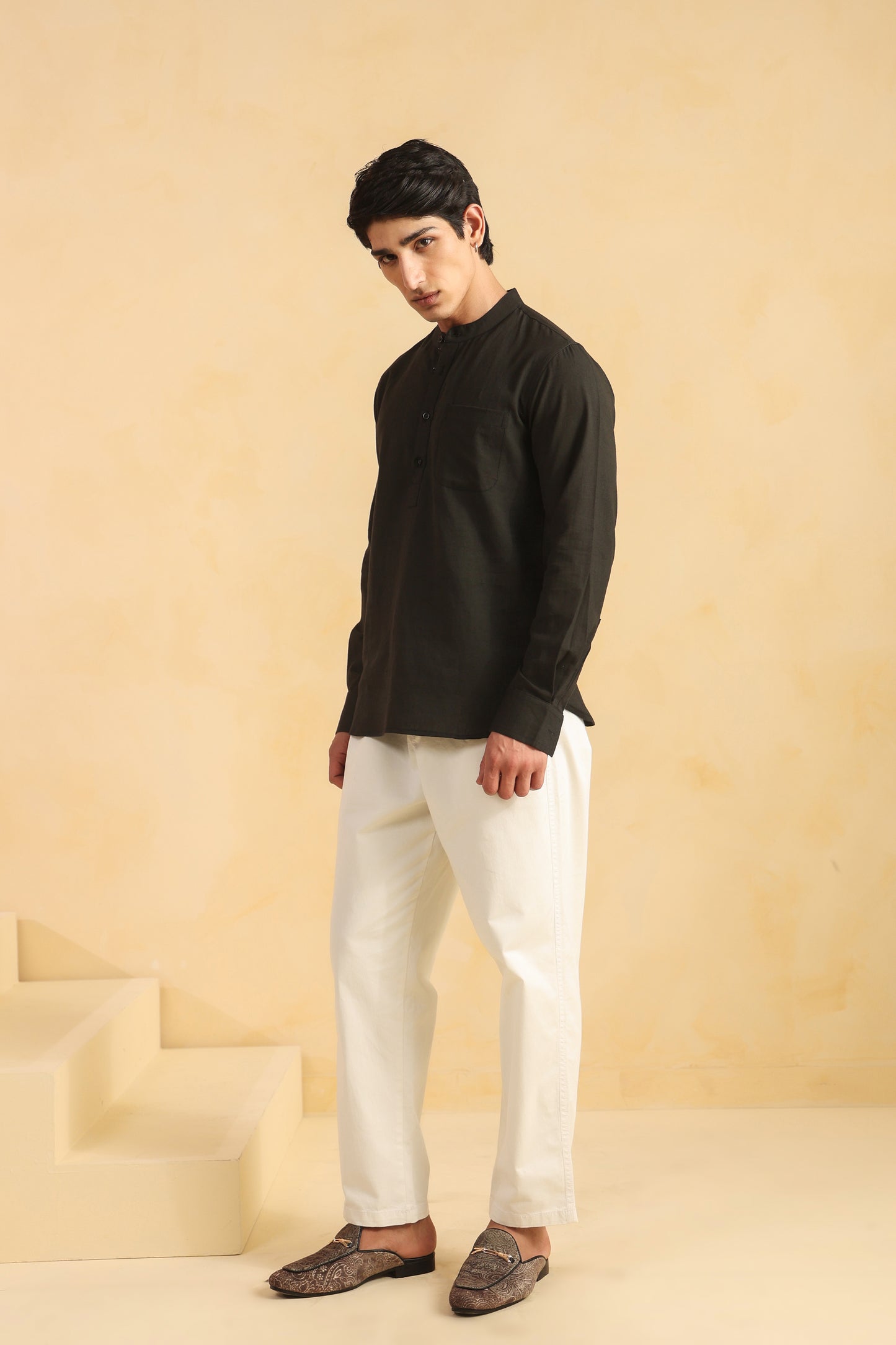 Black linen blend shirt kurta