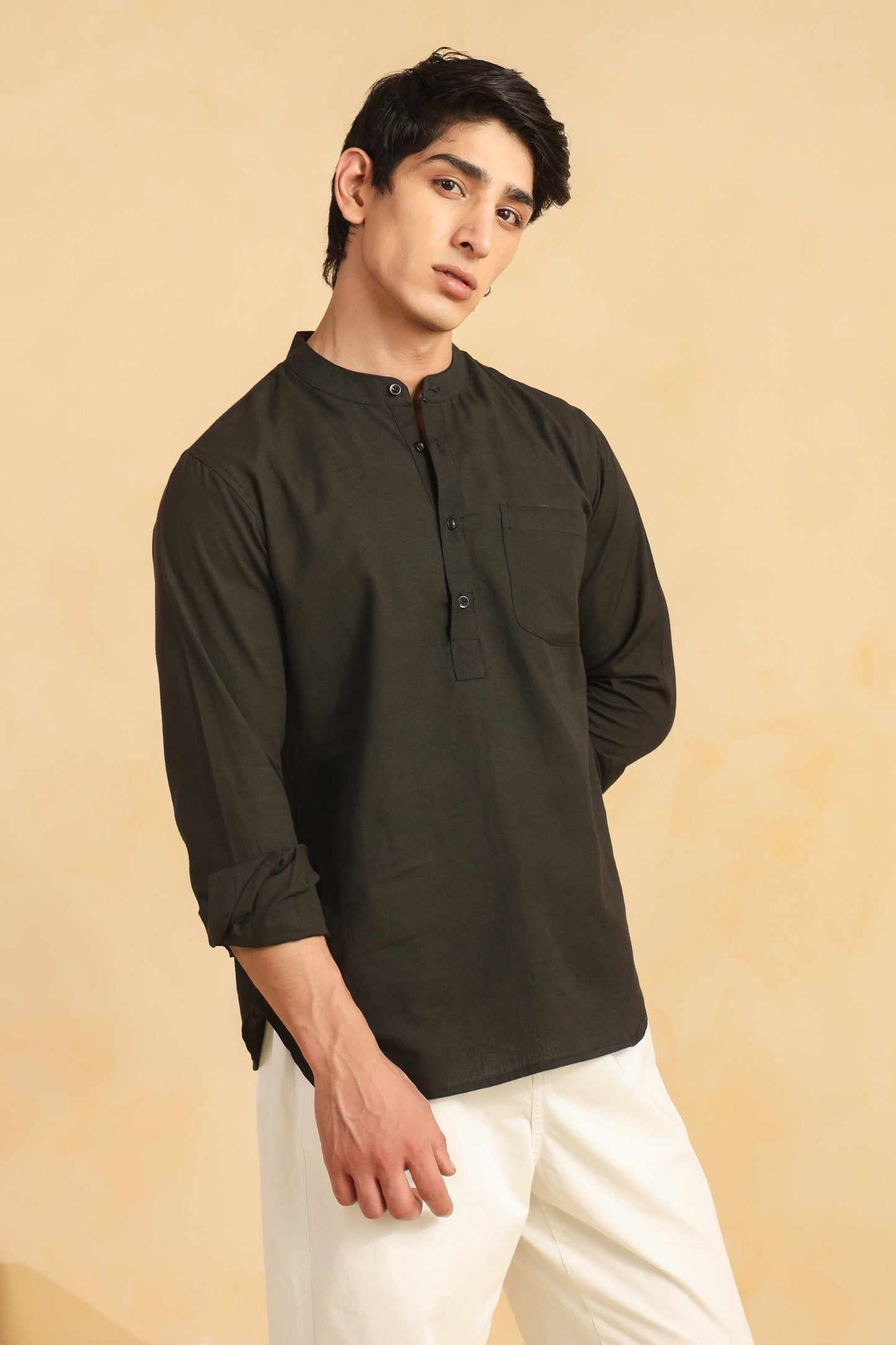 Black linen blend shirt kurta