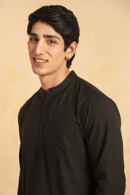 Black linen blend shirt kurta