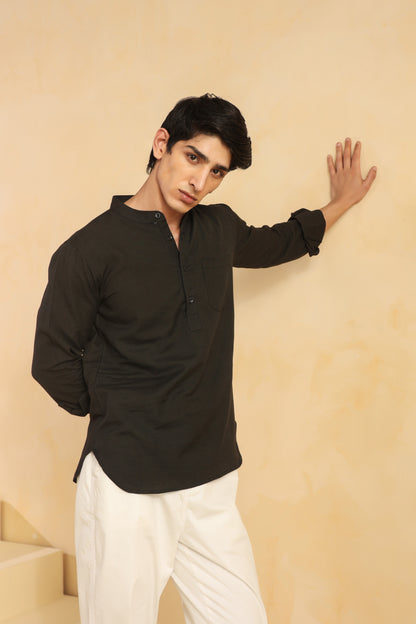 Black linen blend shirt kurta