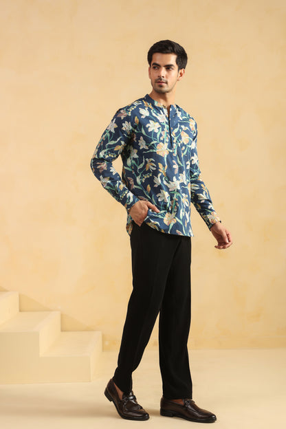 Cobalt Blue Printed Cotton Shirt Kurta
