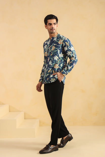 Cobalt Blue Printed Cotton Shirt Kurta