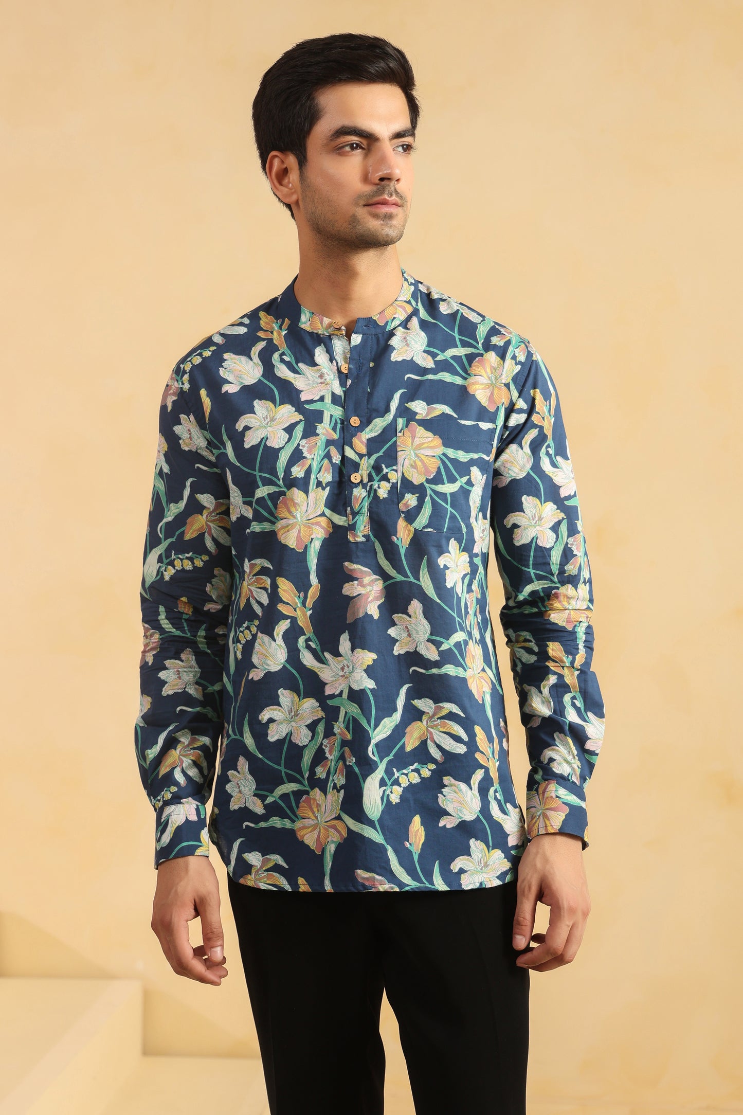 Cobalt Blue Printed Cotton Shirt Kurta