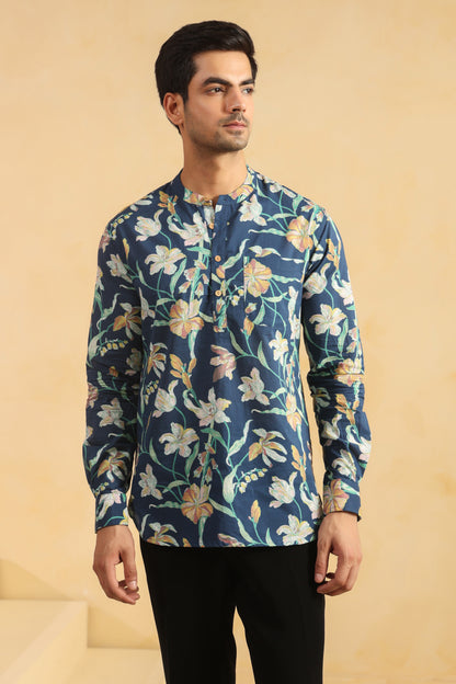 Cobalt Blue Printed Cotton Shirt Kurta