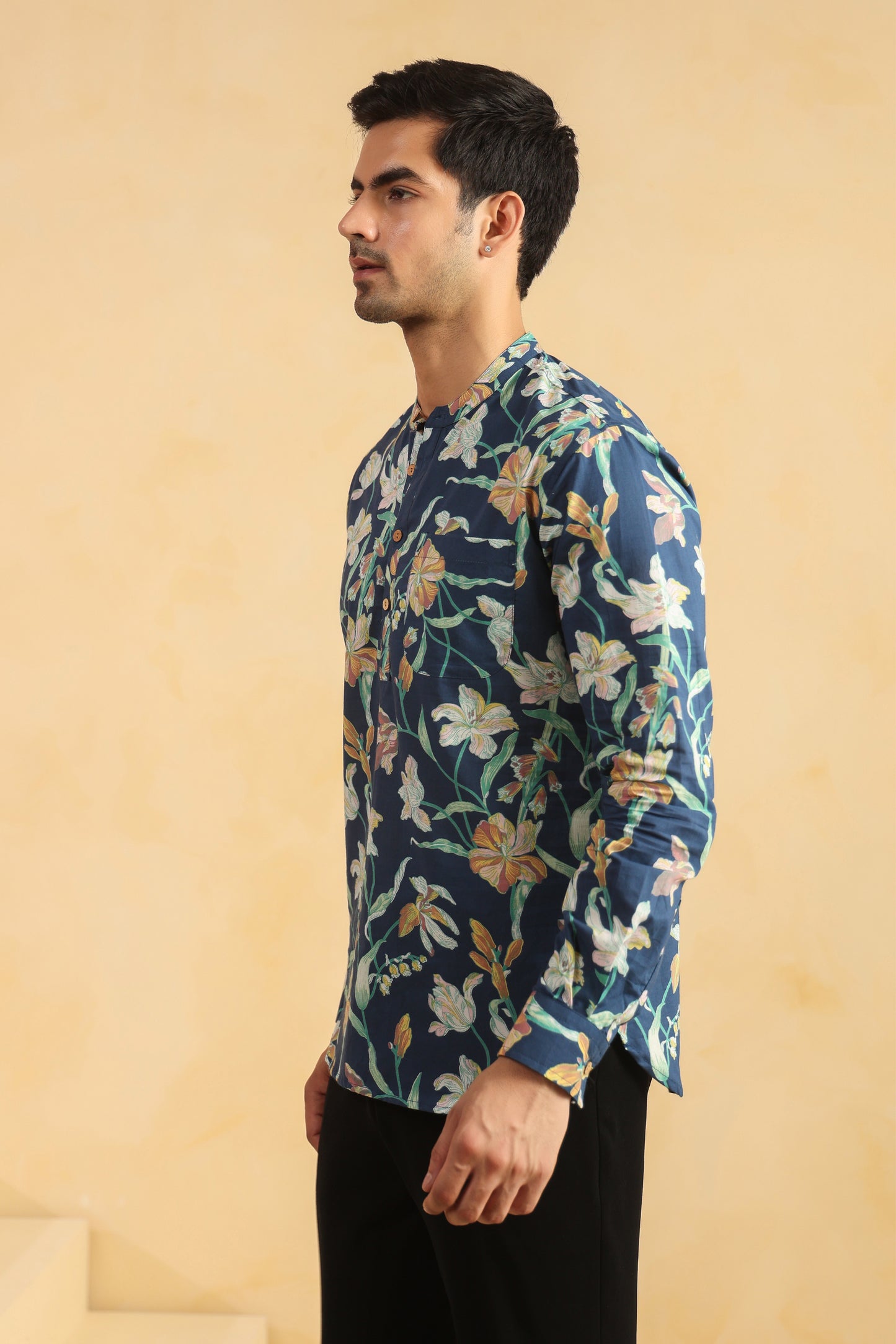 Cobalt Blue Printed Cotton Shirt Kurta