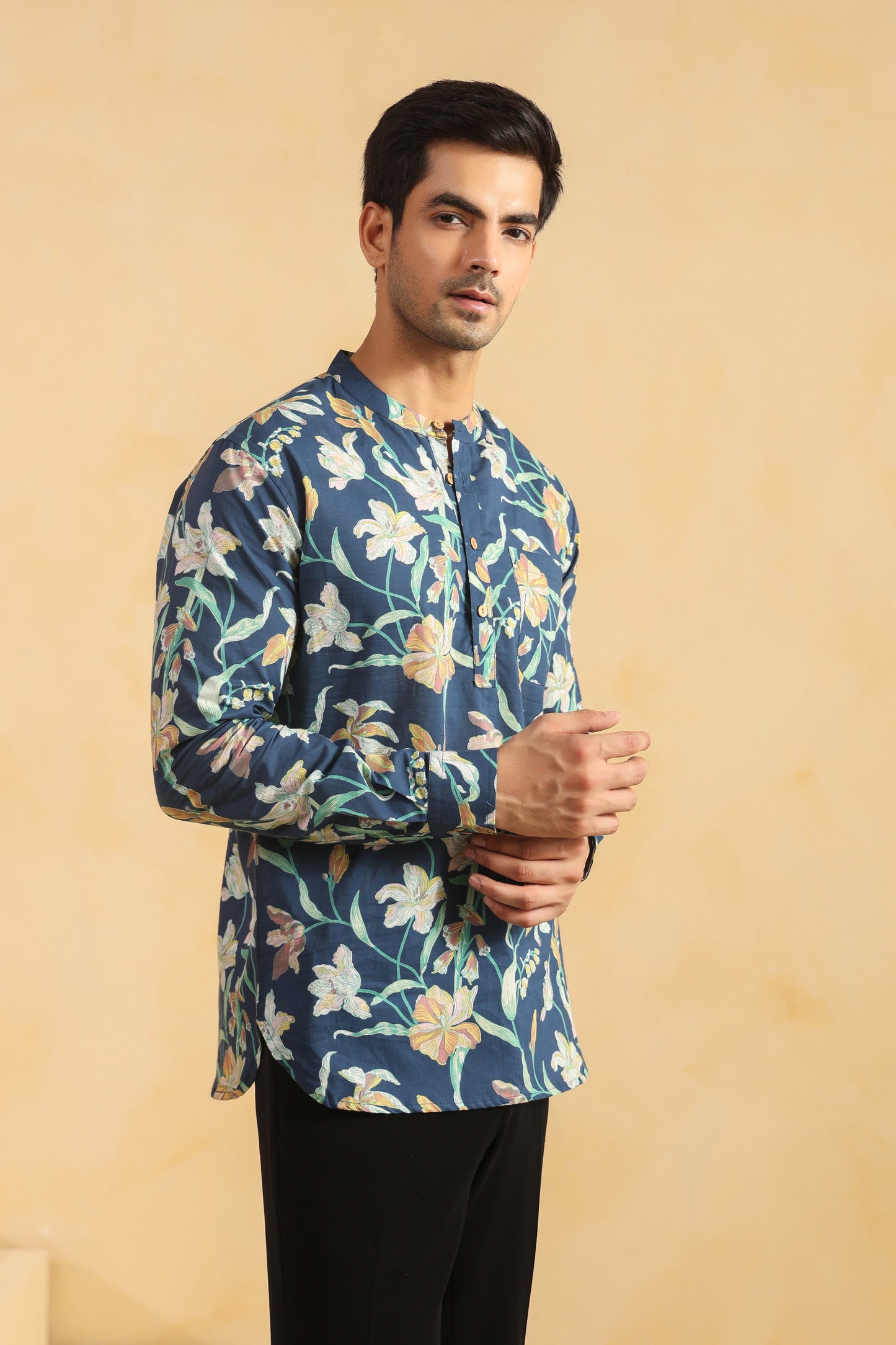 Cobalt Blue Printed Cotton Shirt Kurta