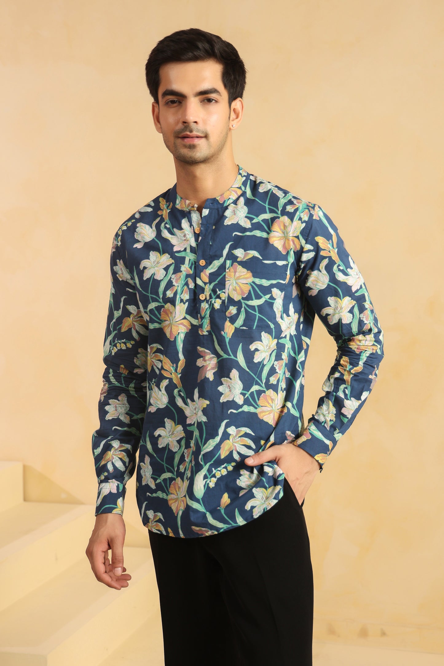 Cobalt Blue Printed Cotton Shirt Kurta
