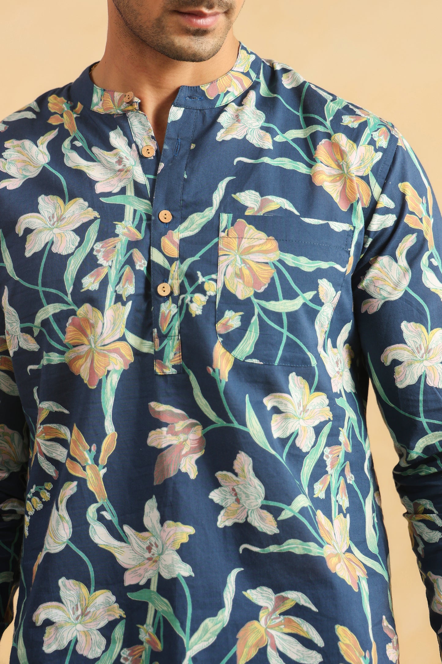 Cobalt Blue Printed Cotton Shirt Kurta