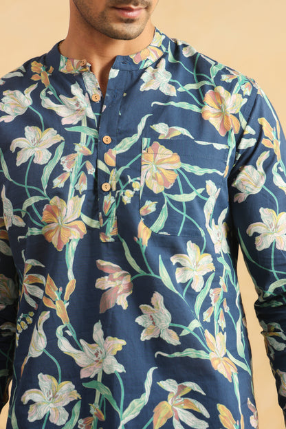 Cobalt Blue Printed Cotton Shirt Kurta