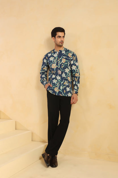 Cobalt Blue Printed Cotton Shirt Kurta