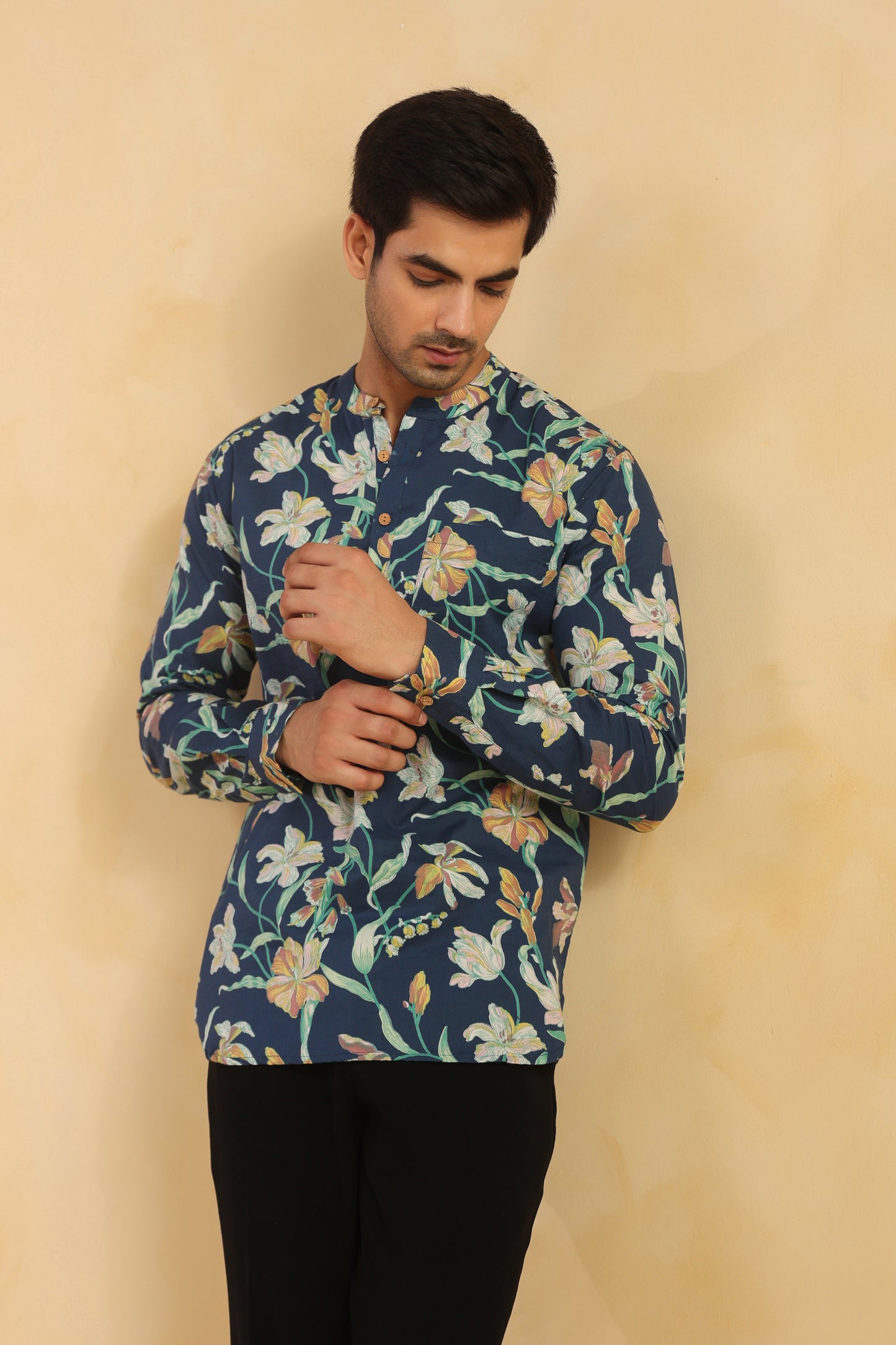 Cobalt Blue Printed Cotton Shirt Kurta