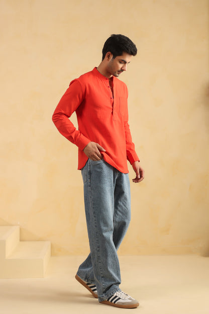 Red Linen blend Shirt Kurta