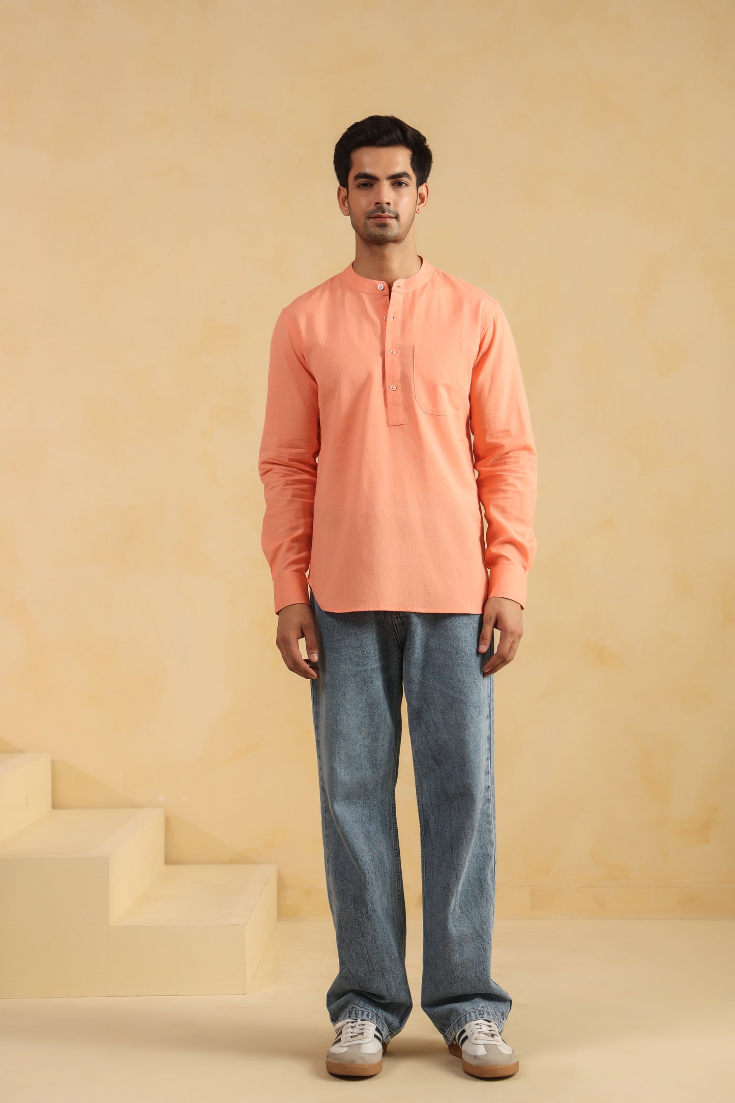 Peach linen blend shirt kurta