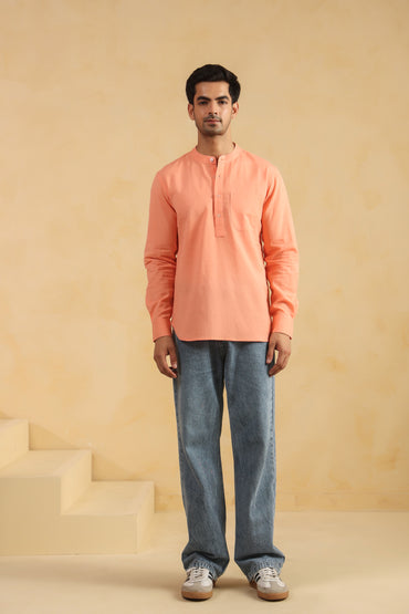 Peach linen blend shirt kurta
