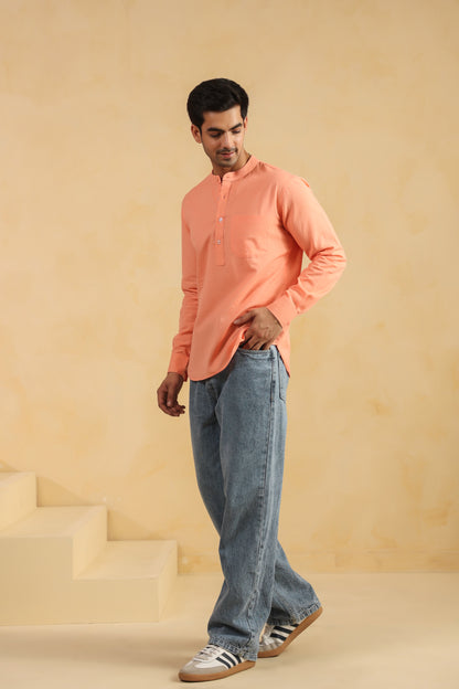Peach linen blend shirt kurta