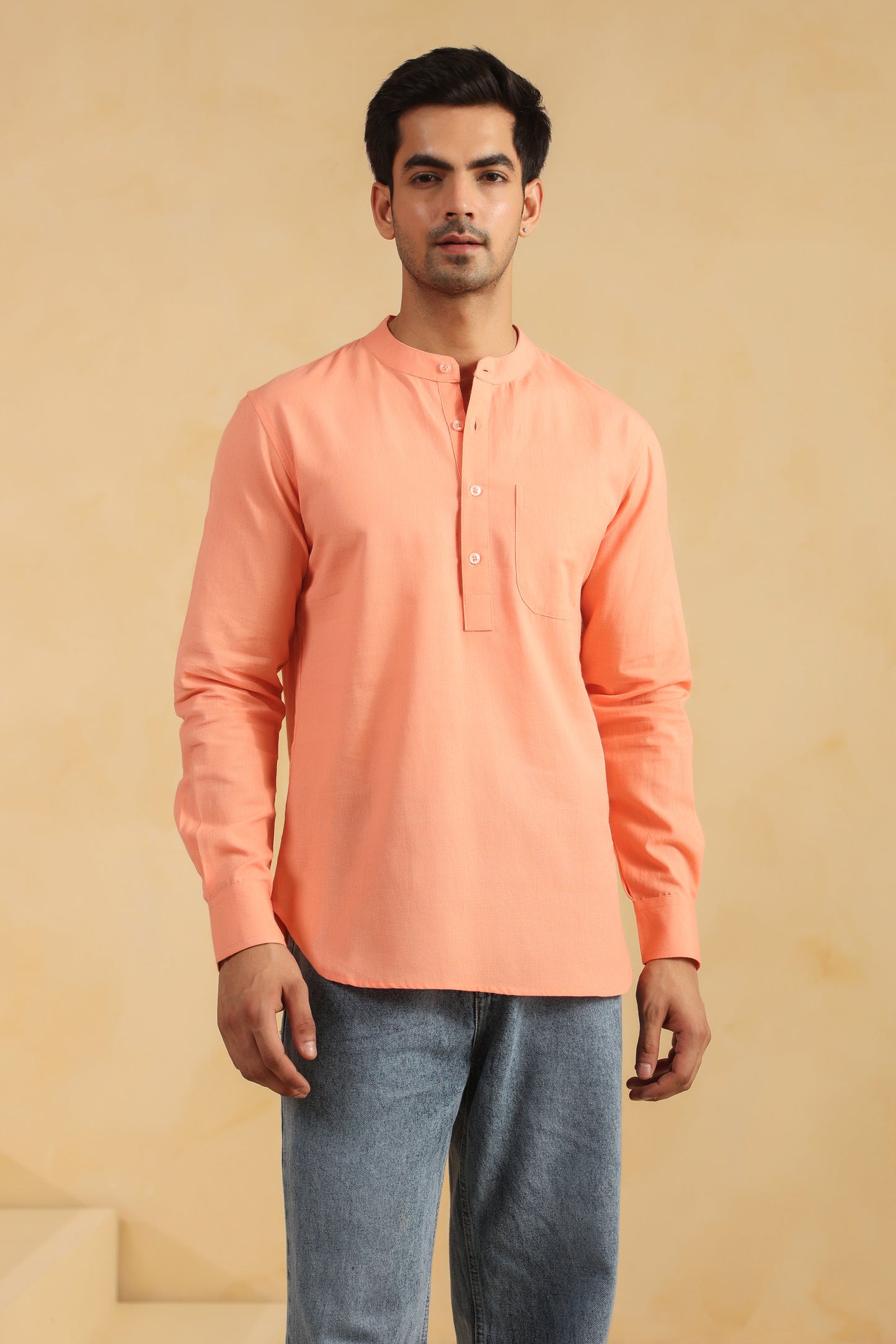 Peach linen blend shirt kurta