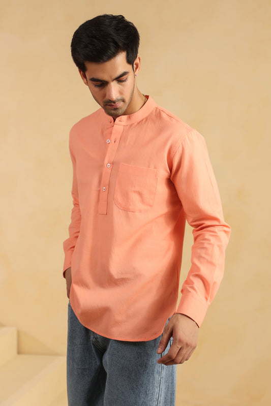 Peach linen blend shirt kurta