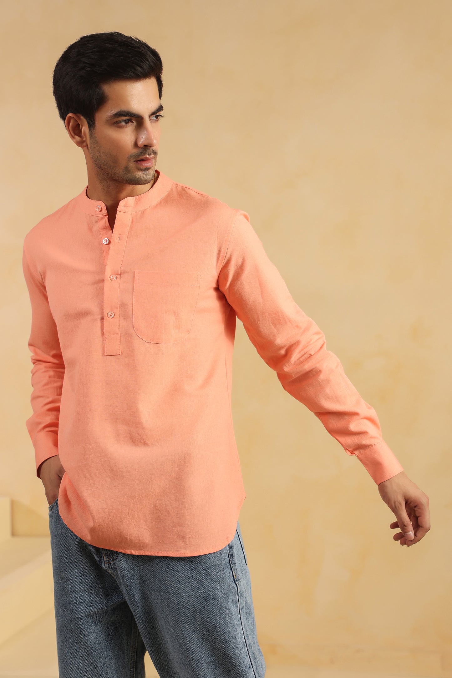 Peach linen blend shirt kurta