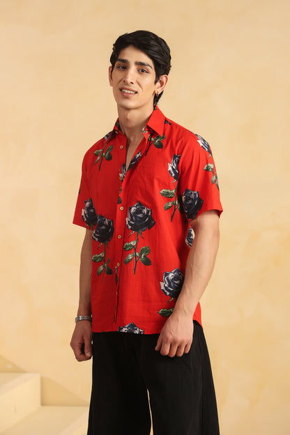 Red Cotton Half Sleeve Shirt