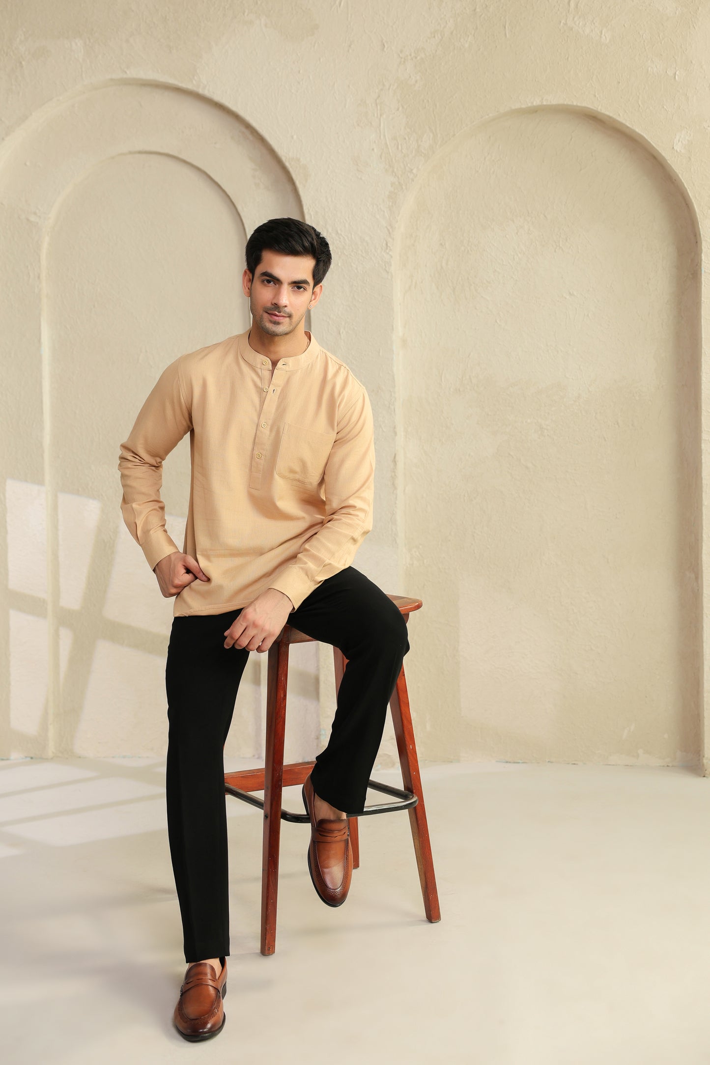 Beige Linen Blend Cotton Shirt Kurta