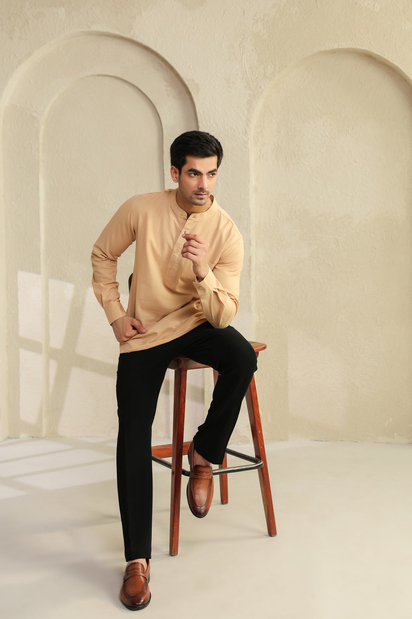 Beige Linen Blend Cotton Shirt Kurta