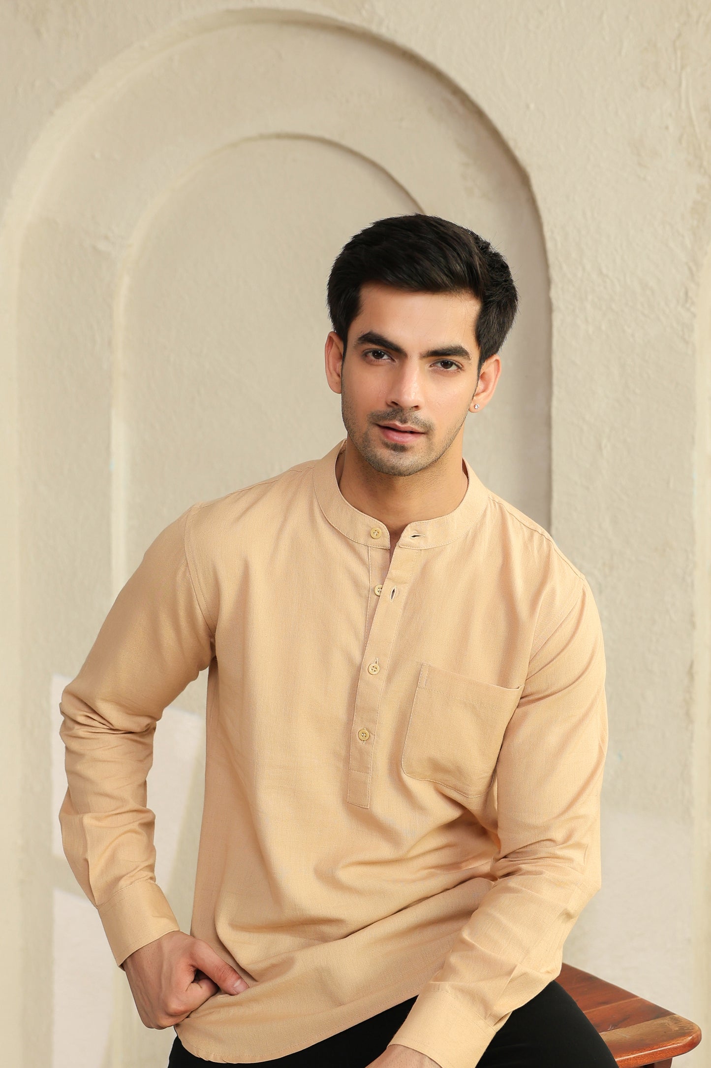 Beige Linen Blend Cotton Shirt Kurta