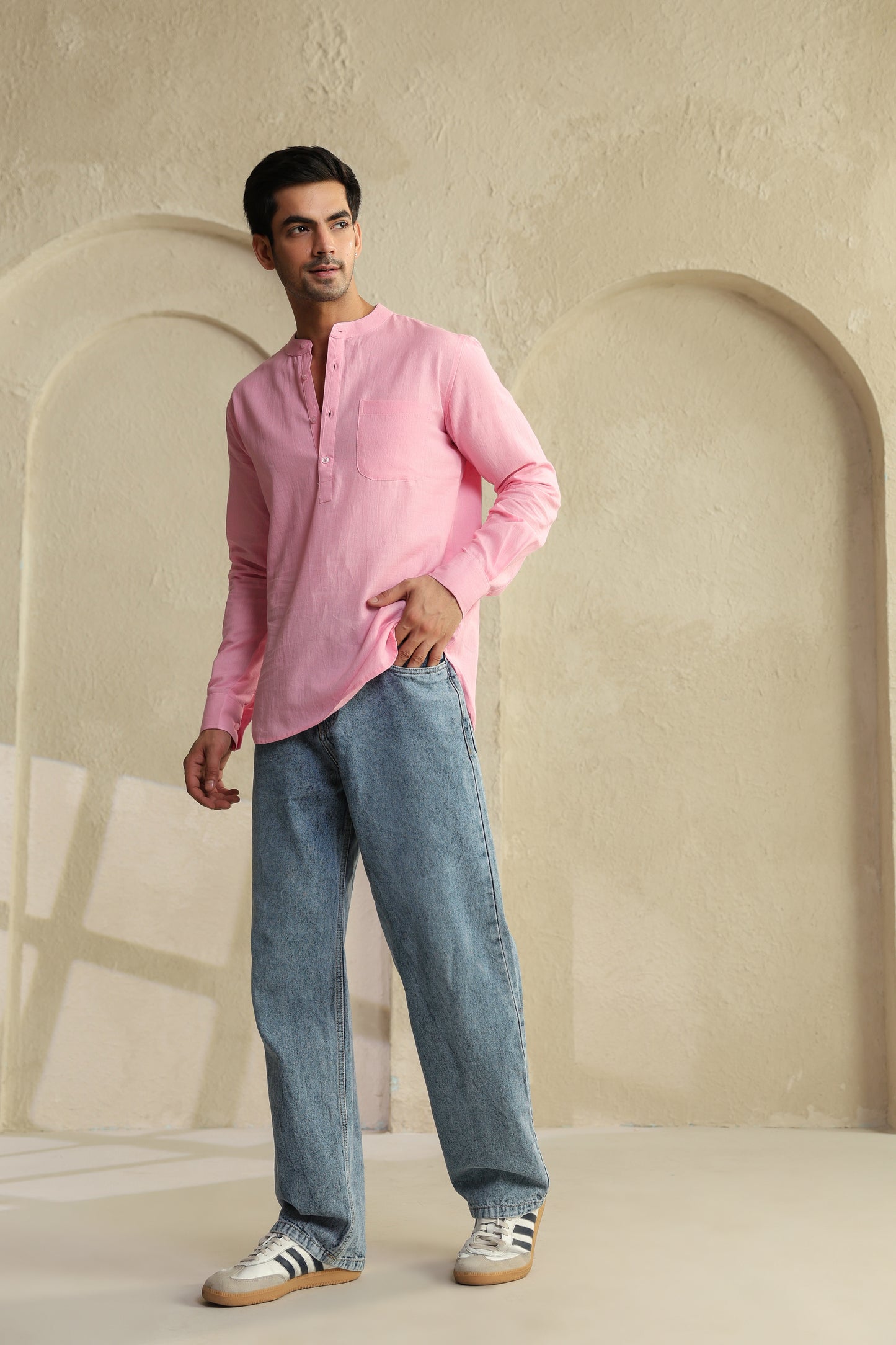 Pink Linen Blend Shirt Kurta