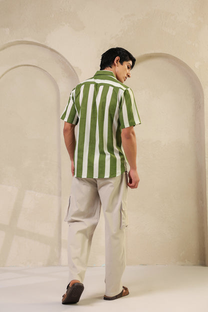 Green Stripe Cotton Regular Shirt