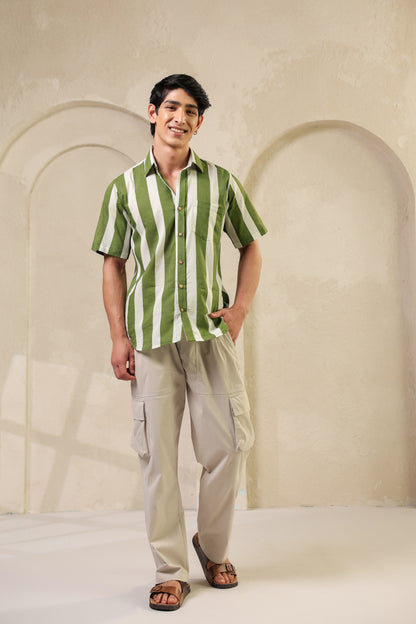 Green Stripe Cotton Regular Shirt