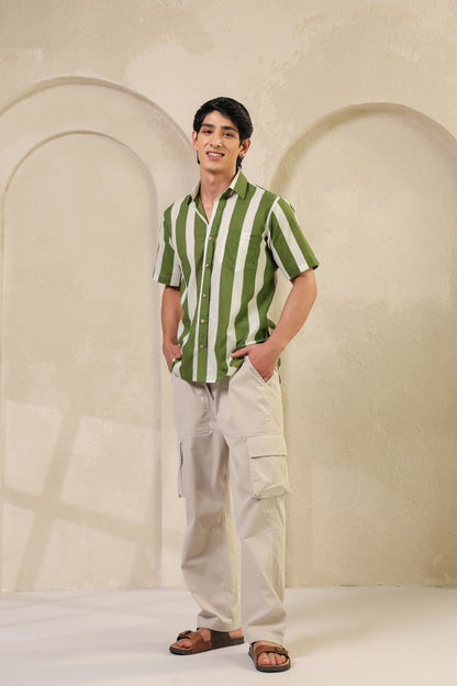 Green Stripe Cotton Regular Shirt