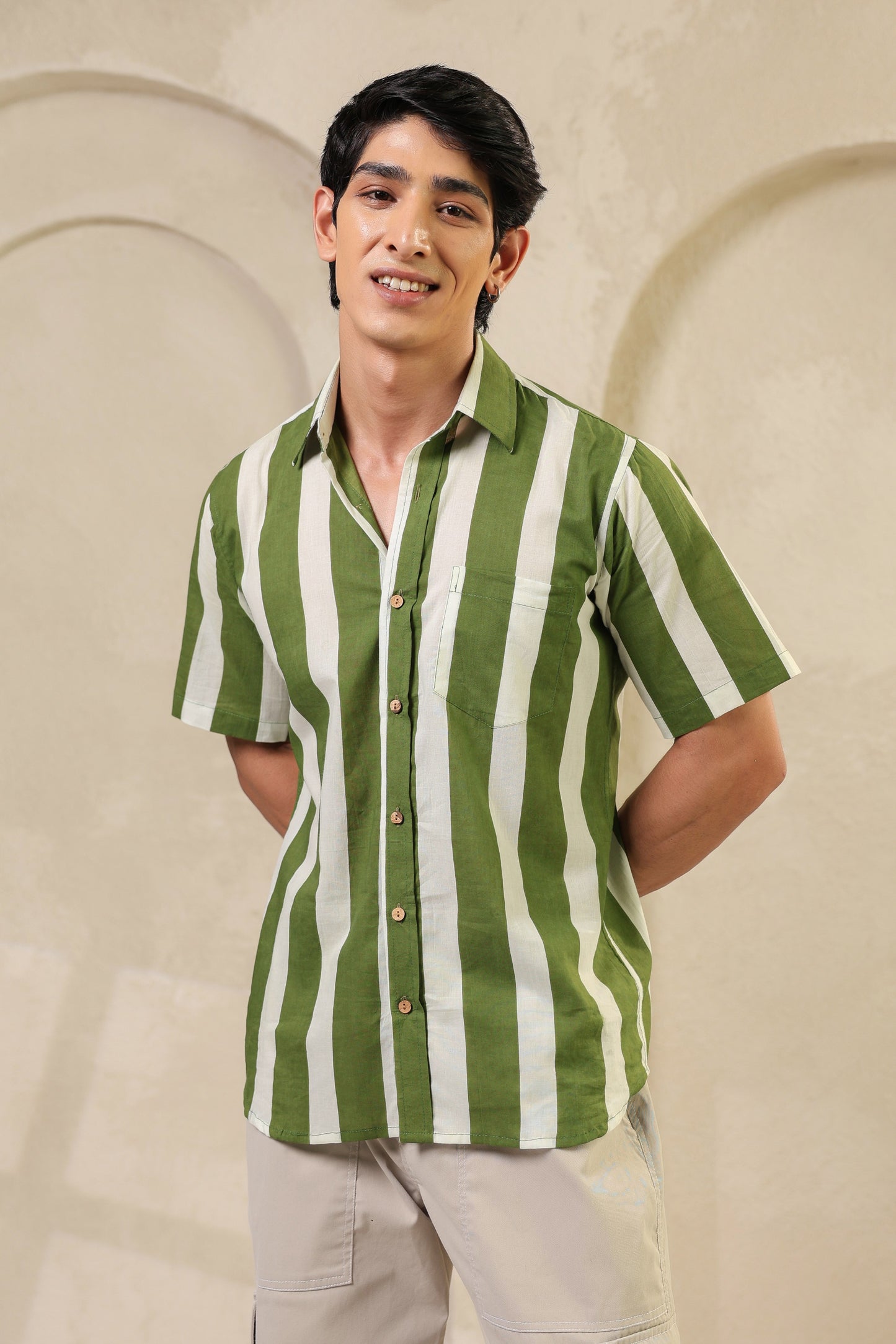 Green Stripe Cotton Regular Shirt