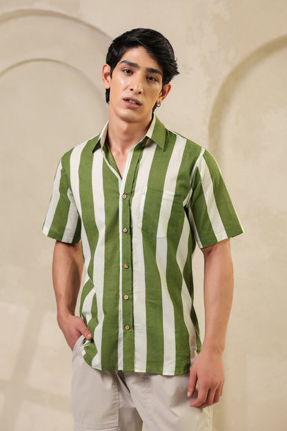 Green Stripe Cotton Regular Shirt