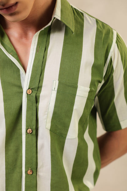Green Stripe Cotton Regular Shirt