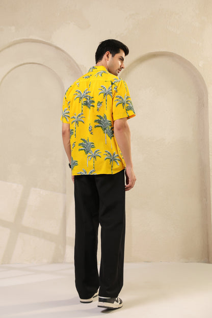 Yellow Palm Cotton Half Sleeve Shirt